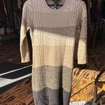 Calvin Klein Tan and Cream and Black Midi Sweater Dress with 3/4 Sleeves Photo 0