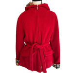 Sandro  cherry red fleece belted jacket with plaid hood and cuffs. Size M EUC Photo 1