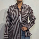 Topshop  Brown Striped Button Down Shirt Sz M Photo 0