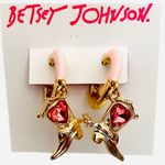 Betsey Johnson 🩷👢 Cowboy Boot Enamel Huggie Earrings / Gold Pink Heart Crystal Photo 3