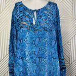 Tolani Silk Blue Snakeskin Print Cutout Mesh Sleeve Blouse Size US Medium Photo 2