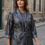 R & M Richards  Womens 24W Silver Black Paisley Brocade Jacket Tie Front 3/4 Sleeve Photo 0