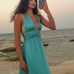 ZARA  maxi dress boho pleated  Teal Evening Gown wedding party cocktail Photo 8