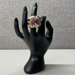 Mens Statement Ring Large Square Pink Gemstone Gold Tone Bold Fashion Ajustable Photo 4