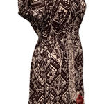 Elegant Brown and Beige Patterned Dress with Red Floral Accents BRAND NEW Size L Photo 0