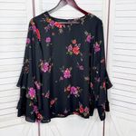 Worthington  Floral Tiered Ruffle Bell Sleeve Blouse Black Pink‎ Large Photo 6