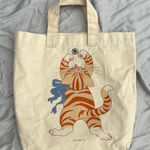 Vintage 80s Canvas Cat Yarn Tote Bag with Blue Ribbon Orange Photo 0