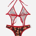 Romwe Bear Print Black Red Cut Out Tie Teddy Bodysuit Size Large Photo 1