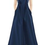 Alfred Sung NWT  Satin Midnight Navy Blue Hi Low Gown Dress Formal Bridesmaid New Photo 0