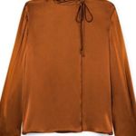 Vince Tie Neck Popover 100% silk blouse copper rust brown bronze L Photo 0