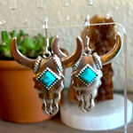 🌵🩵 Western Bull Head Shape Faux Turquoise Drop Dangle Earrings🩵🌵* Silver Photo 0