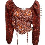 Madden NYC Floral Crop Top Long Chiffon Type Sleeves Ruched Smocked Tie Size L Orange Photo 0
