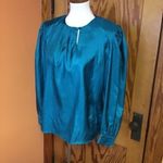 Vintage Teal Satin Blouse | Long Sleeve Keyhole Neckline Draped Top Size 8 Photo 4