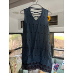 Women's Unbranded Blue Denim and Red Floral Embroidered Mini Dress Photo 1