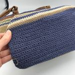 Blue & Tan Woven Shoulder Handbag Faux Leather Straps Beachy Hobo Boho Bag Photo 2