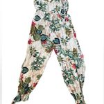 Tropical Coastal Jungle Leafy Floral White Green Sleeveless Side Slit Jumpsuit Size L Photo 3