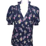 Loft Navy Blue Floral V neck Short Sleeve Blouse Puff Sleeves Photo 0