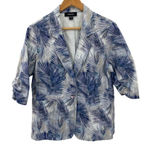 Karen Kane Blazer Jacket Womens Large Blue White Cotton Tropical Leaf Print Photo 0