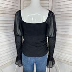 WAYF Chiffon Ruched Puff Ruffle Sleeve Blouse Black Silver Medium Smocked Photo 5