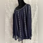 Lucky Brand Women’s  Sheer Rayon Navy Blue Embroidered Butterfly Sleeve Size S/XS Photo 2