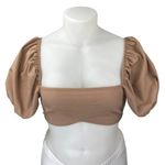 SABO Women's Tan Linen Short Puff Sleeve Bandeau Tube Blouse Crop Top Size M Size M Photo 0