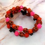 Skull Rose & Cross Handmade Beaded Bracelet Set Pink Red & Black Photo 0
