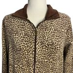 Oleg Cassini  Velour Full Zip Sweatshirt M Brown Leopard Print Pockets Collar Photo 1