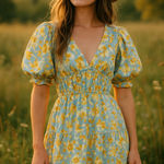 Hyacinth House Pauline Floral Puff Sleeve Midi Dress – Blue & Orange – XS Photo 0