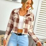 SheIn Button Drop Shoulder Brown/Tan Plaid Jacket S Photo 0