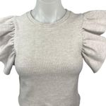 ZARA  Gray White Ruffle Flutter Sleeve Round Neck Stretch Knit Crop Top Blouse S Photo 2