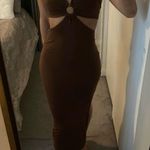 NEW Brown Front Cut Out Halter Neck Back Tie Midi Dress Photo 1