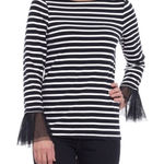 BeachLunchLounge  Striped Tulle Ruffle Cuff Long Sleeve Shirt Blue White Small Photo 0