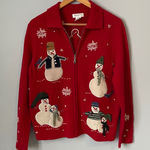 Jones New York Holiday 100% Lambswool Red Snowman Zip Up Sweater Size Women's S Photo 0