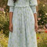 Ganni Shirred Smocked Floral Cotton Silk Puff Sleeve Maxi Dress EU 42 US XL Photo 1