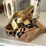 Beverly Feldman Platform Sandals Gold Leopard Womens 6 Wedge Photo 5