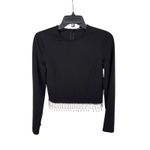 AQUA  Black Long Sleeve Rhinestone Fringe Crop Top‎ Womens XS Photo 4