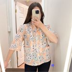 Cape Cod Match Mates Vintage Floral Ruffle Tie Collar Button Up Short Sleeve Top Orange Size M Photo 1