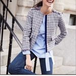 J.Crew  Tweed Fringe Plaid Blazer Jacket Navy Blue Red White Size 10 EUC Photo 0