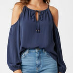 AQUA  cold shoulder satin silky BLOUSE TOP blue SMALL long sleeve Photo 0