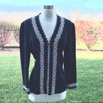 St. John Collection Black with White Embroidered Trim Zip Cardigan Size 8 Photo 1