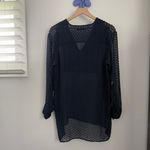 Jenni Kayne Small Silk Tunic Blouse Long Sleeve V Neck Sheer Textured Navy Photo 3