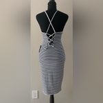 Bardot $69 NEW  Bodycon Nordstrom Knit Stripe Navy Midi Lace Up Dress XS Photo 5