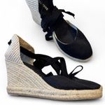 Soludos  Tan Black Canvas Espadrille Wedge Womens 8 Beachy Lace Up Ankle Shoes Photo 0