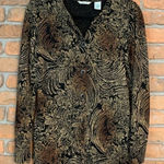Laura Ashley Jacquard Feather Print Button Down Knit Blouse Black Gold - Size S Photo 0