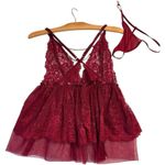 NWT Lace Burgundy Lingerie Set Babydoll Criss Cross mini sleep sz medium Sexy Photo 2