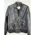 Evy's Tree The Zoe Ruffle Faux Leather Black Bomber Jacket Photo 4