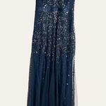 Adrianna Papell  Midnight Blue Sequin Beaded Cap Sleeve V-Neck Formal Gown Photo 2