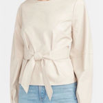 EXPRESS  Faux Leather Tie Front Balloon Sleeve Pleated Off White Cream Top S Photo 0