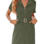 NEW Green Corduroy Mini Zip Up Dress with Pockets L NO BELT Size L Photo 0