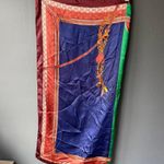 Navy with Green and Red Silk Scarf with Chain and Tassel Print Blue Photo 0